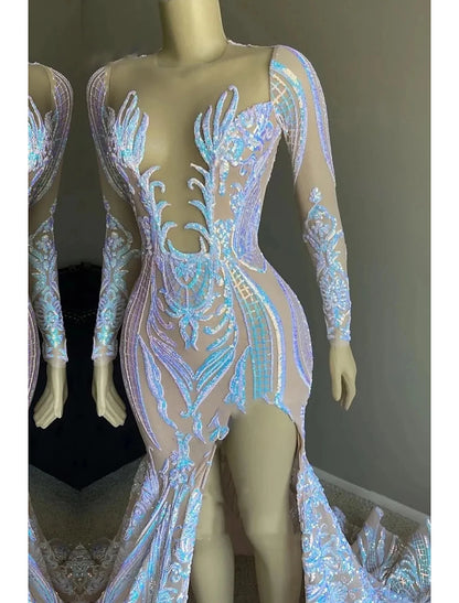 Wholesale Mermaid / Trumpet Evening Gown Floral Dress Carnival Formal Chapel Train Long Sleeve V Neck African American Sequined Backless with Sequin