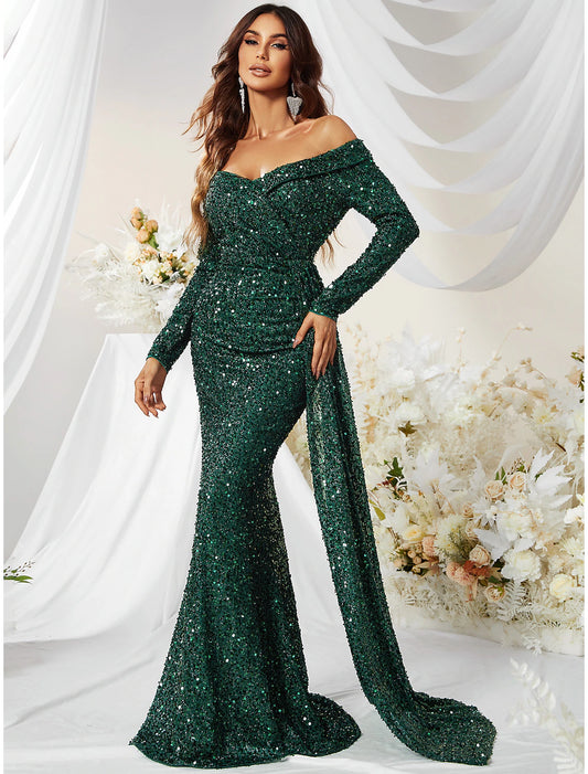 Wholesale Mermaid / Trumpet Evening Gown Sparkle & Shine Dress Formal Cocktail Party Sweep / Brush Train Long Sleeve Off Shoulder Polyester with Sequin