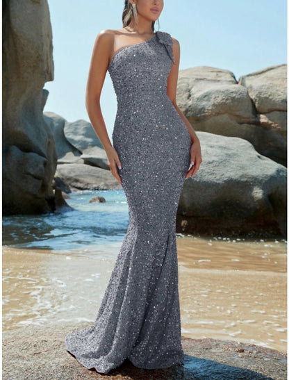 Wholesale Mermaid / Trumpet Evening Gown Sparkle & Shine Dress Formal Fall Sweep / Brush Train Sleeveless One Shoulder Sequined with Glitter Shouder Flower