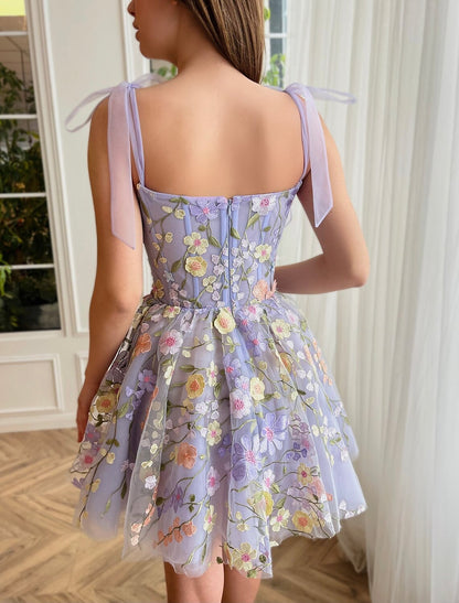 Wholesale A-Line Homecoming Dresses Floral Dress Sweet 16 Summer Knee Length Sleeveless Spaghetti Strap Tulle with Embroidery