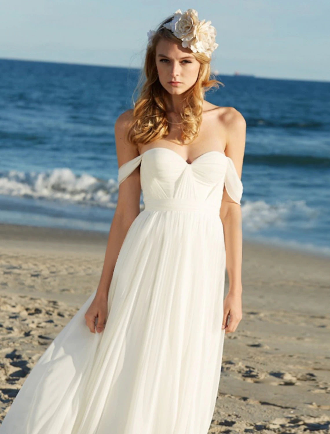 Wholesale Beach Sexy Boho Wedding Dresses A-Line Off Shoulder Cap Sleeve Floor Length Chiffon Bridal Gowns With Pleats