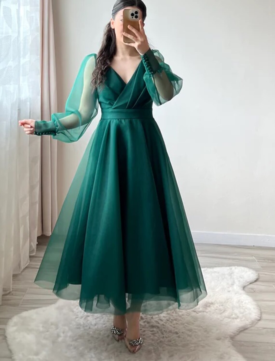 Wholesale A-Line Cocktail Dresses Minimalist Dress Christmas Tea Length Long Sleeve V Neck Organza with Buttons