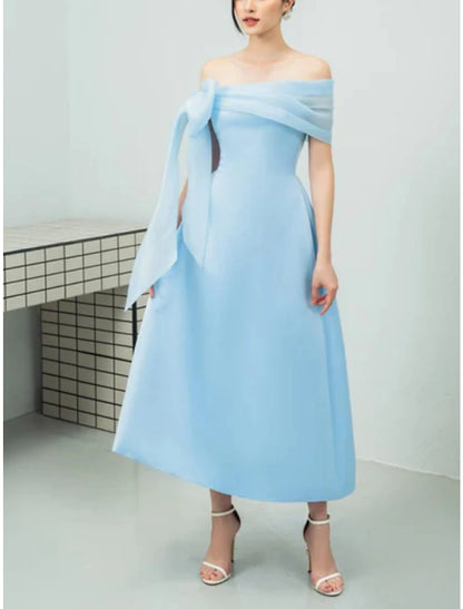 Wholesale A-Line Evening Gown Elegant Dress Formal Ankle Length Short Sleeve Off Shoulder Imitation Silk with Bow(s) Pleats