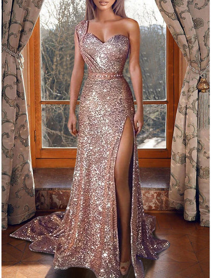 Wholesale Mermaid / Trumpet Evening Dresses Sexy Sparkle & Shine Dress Prom Formal Evening Court Train One Shoulder Sleeveless Sequined with Sequin