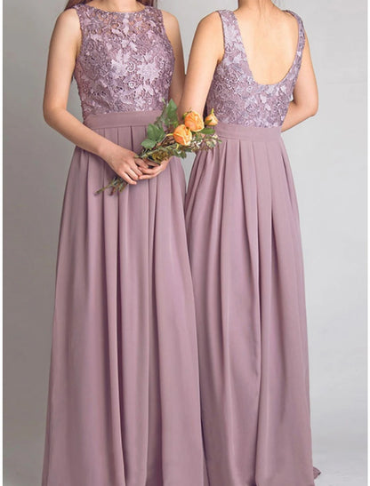 Wholesale A-Line Bridesmaid Dress Scoop Neck Sleeveless Elegant Floor Length Chiffon with Lace / Ruching