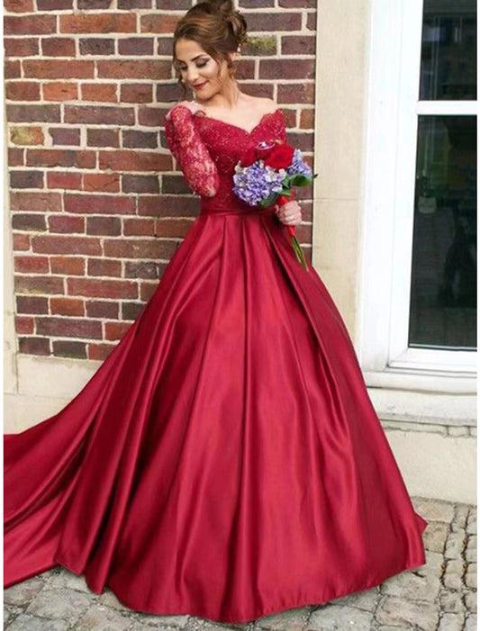 Wholesale A-Line Evening Gown Floral Dress Sweet 16 Birthday Chapel Train Long Sleeve V Neck Satin with Appliques