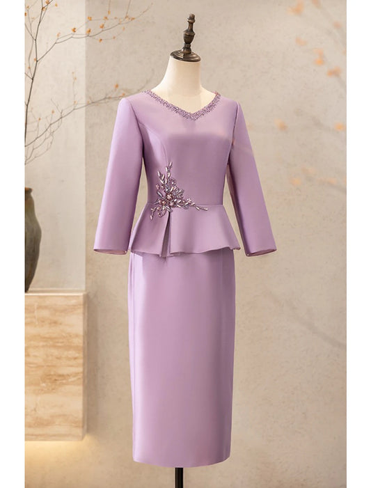 Wholesale Two Piece Cocktail Dresses Elegant Dress Wedding Party Tea Length Long Sleeve V Neck Satin with Appliques