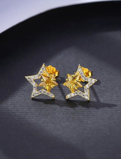 Wholesale Women's Clear Yellow Zircon Stud Earrings Fine Jewelry Classic Star Stylish Simple S925 Sterling Silver Earrings Jewelry Gold For Wedding Party 1 Pair