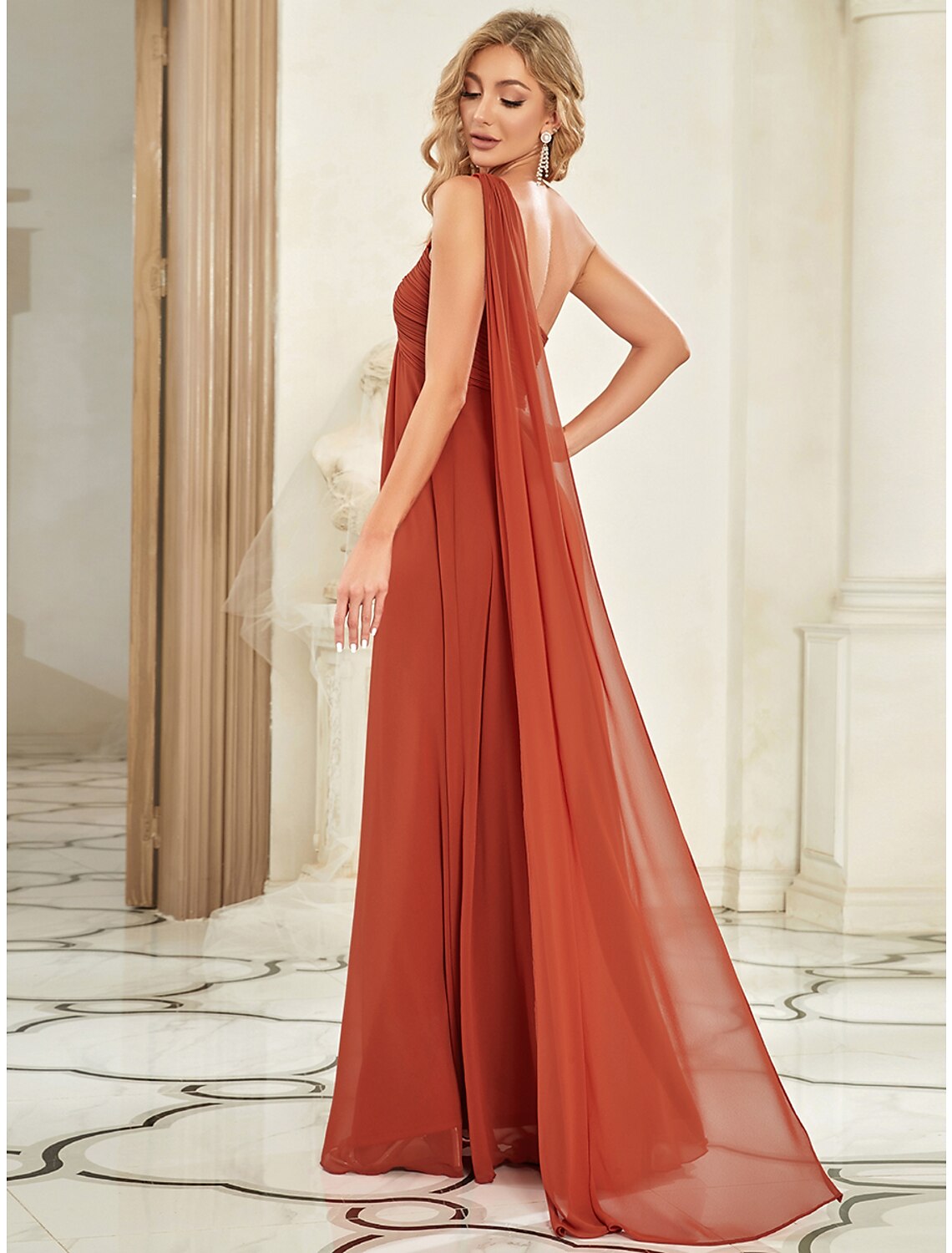 Wholesale A-Line Evening Gown Empire Dress Formal Evening Floor Length Sleeveless One Shoulder Bridesmaid Dress Chiffon Backless with Pleats Draping