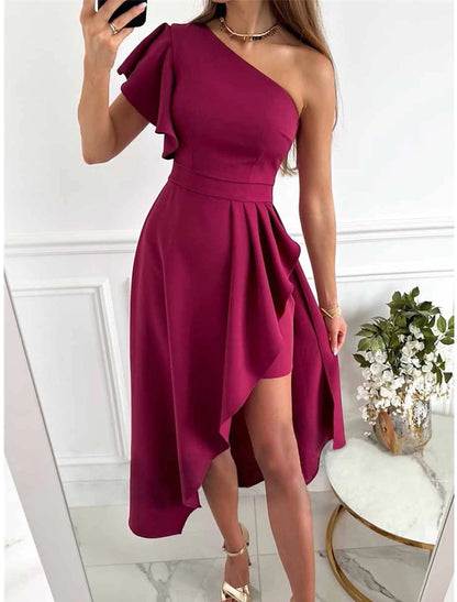 Wholesale Women's Little Black Dress Sexy Dress Party Dress Homecoming Dress Mini Dress Pink Wine Short Sleeve Ruffle Spring Fall One Shoulder Fashion Wedding Guest