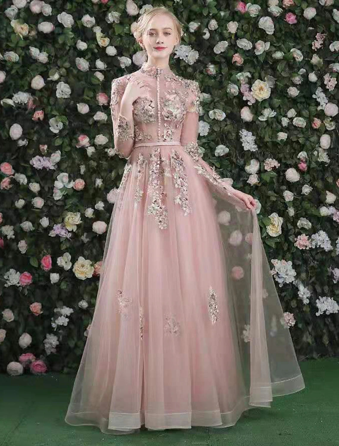 Wholesale A-Line Cut Out Floral Prom Formal Evening Dress High Neck Long Sleeve Floor Length Organza with Embroidery