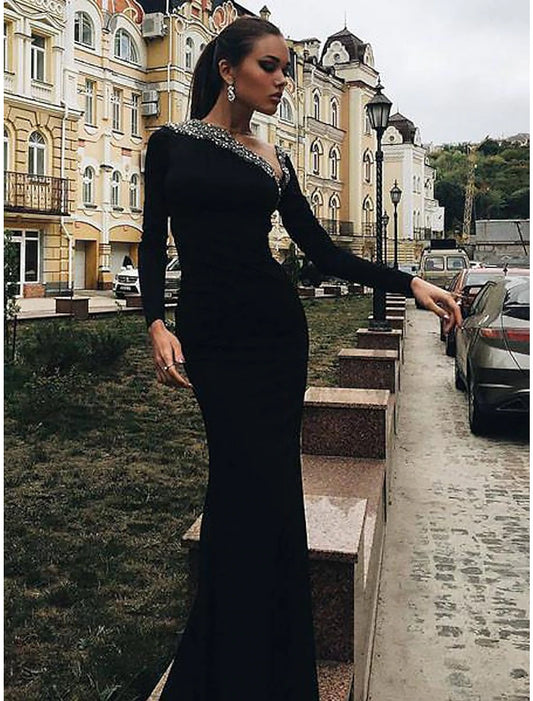 Wholesale Mermaid / Trumpet Evening Gown Open Back Dress Engagement Cocktail Party Floor Length Long Sleeve V Neck Stretch Fabric with Crystals Beading