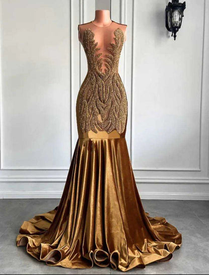 Wholesale Mermaid / Trumpet Evening Gown Sparkle & Shine Dress Carnival Formal Court Train Sleeveless Jewel Neck African American Velvet with Beading