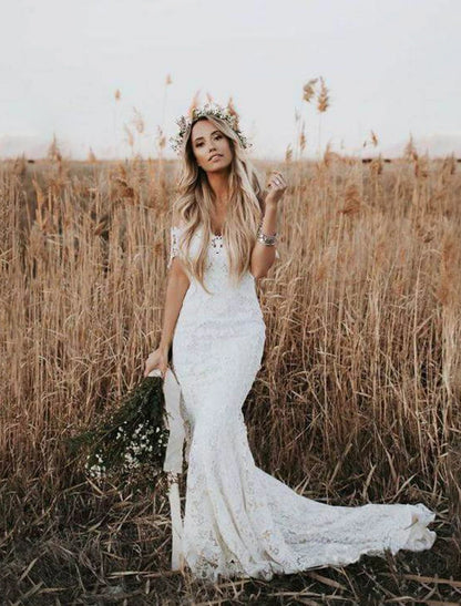 Wholesale Beach Boho Wedding Dresses Mermaid / Trumpet Off Shoulder Cap Sleeve Chapel Train Lace Bridal Gowns With Appliques