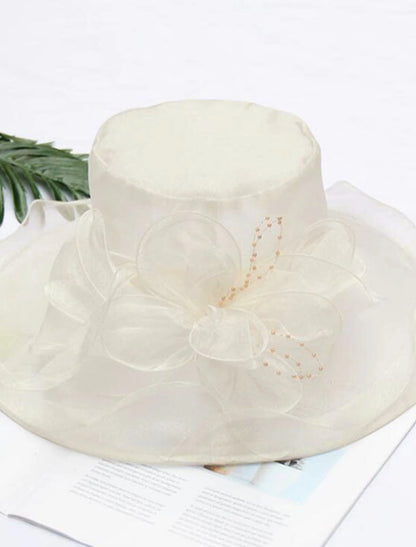 Wholesale Straw Hat Vintage Style Elegant Tulle Organza Hats Headwear with Faux Pearl Flower Ruffle 1 PC Wedding Tea Party Horse Race Headpiece