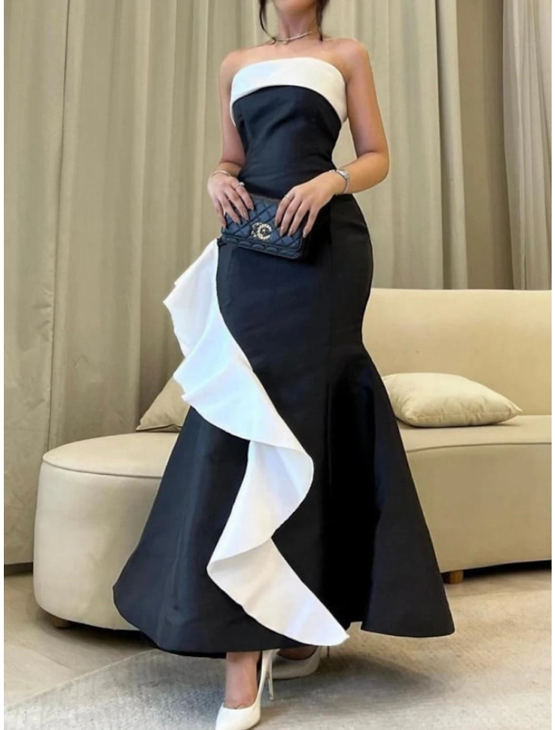 Wholesale A-Line Evening Gown Elegant Dress Formal Ankle Length Black Dress Sleeveless Strapless Satin with Ruffles