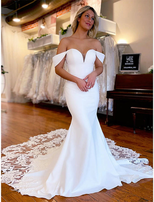 Wholesale Formal Wedding Dresses Mermaid / Trumpet Off Shoulder Sleeveless Chapel Train Stretch Fabric Bridal Gowns With Appliques