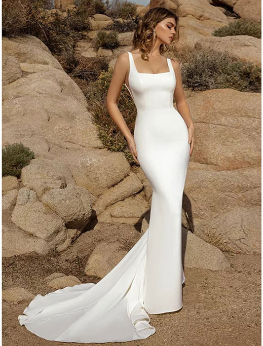 Wholesale  Beach Open Back Casual Wedding Dresses Mermaid / Trumpet Square Neck Sleeveless Court Train Stretch Fabric Bridal Gowns With Buttons Solid