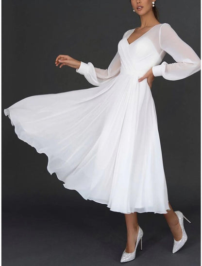 Wholesale Women‘s Party Dress Wedding Guest Dress Swing Dress White Dress Long Dress Maxi Dress White Long Sleeve Pure Color Mesh Fall Spring Autumn V Neck Elegant Wedding Party Winter Dress