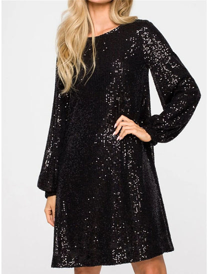 Wholesale Women's Black Sequin Dress Party Dress Sparkly Dress Homecoming Dress Cocktail Dress Midi Dress Black Champagne Long Sleeve Sparkly Glitter Lace up Fall Winter Crew Neck Wedding Guest