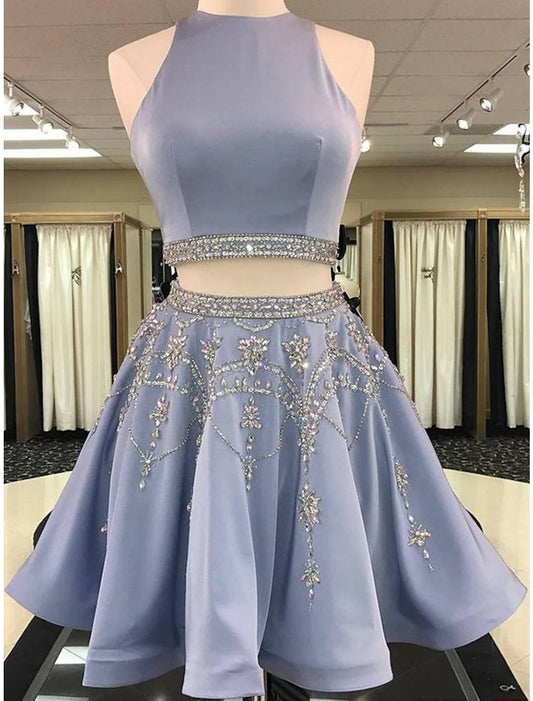 Wholesale Two Piece Homecoming Dresses Elegant Dress Holiday Graduation Short / Mini Sleeveless Jewel Neck Satin with Beading