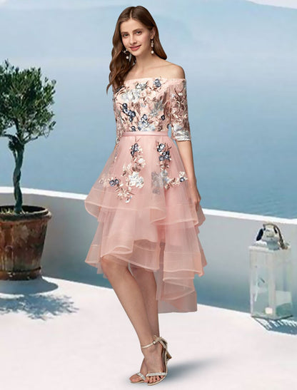 Wholesale A-Line Prom Dresses Floral Dress Evening Party Wedding Party Asymmetrical Half Sleeve Off Shoulder Satin with Embroidery Appliques