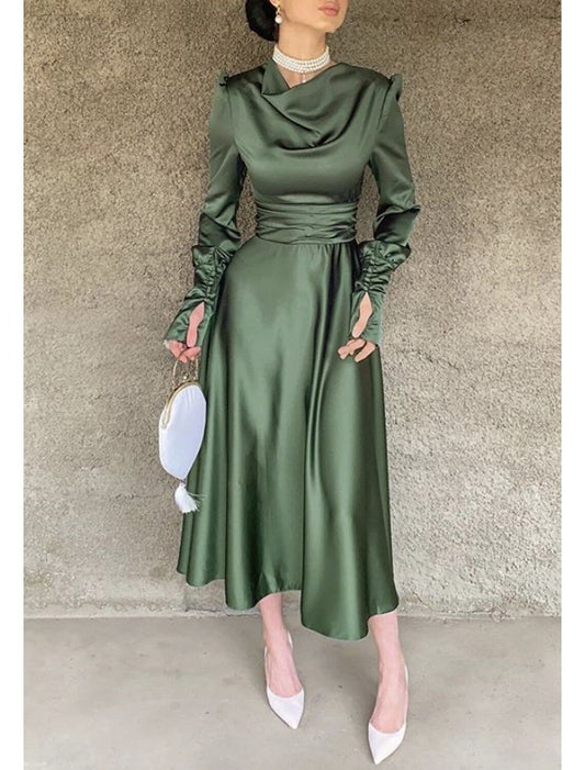 Wholesale A-Line Cocktail Dress Christmas Red Green Dresses Elegant Dress Wedding Guest Fall Tea Length Long Sleeve Cowl Neck Bridesmaid Dress Red Green Dress Satin with Ruched