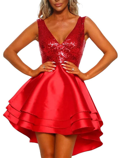 Wholesale A-Line WE Party Dress Homecoming Cocktail Party Asymmetrical Sleeveless V Neck Pink Dress Satin with Sequin Tiered