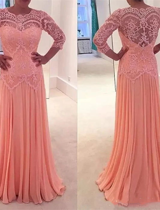 Wholesale A-Line Mother of the Bride Dresses Plus Size Hide Belly Curve Elegant Dress Wedding Guest Floor Length 3/4 Length Sleeve Jewel Neck Chiffon with Pleats Appliques