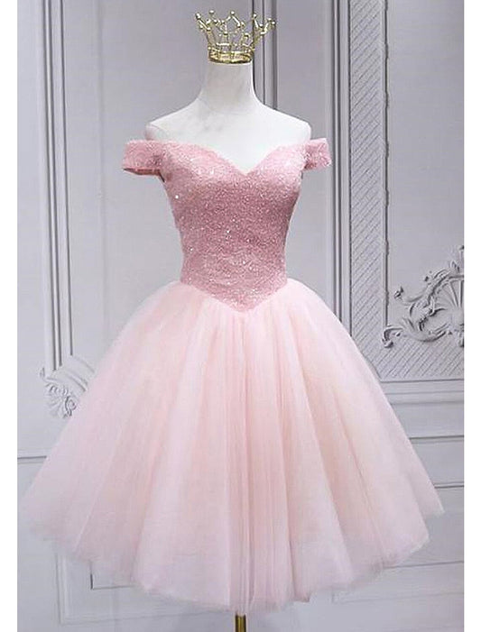 Wholesale A-Line Homecoming Dresses Sparkle & Shine Dress Party Wear Cocktail Party Knee Length Sleeveless Off Shoulder Pink Dress Tulle with Sequin