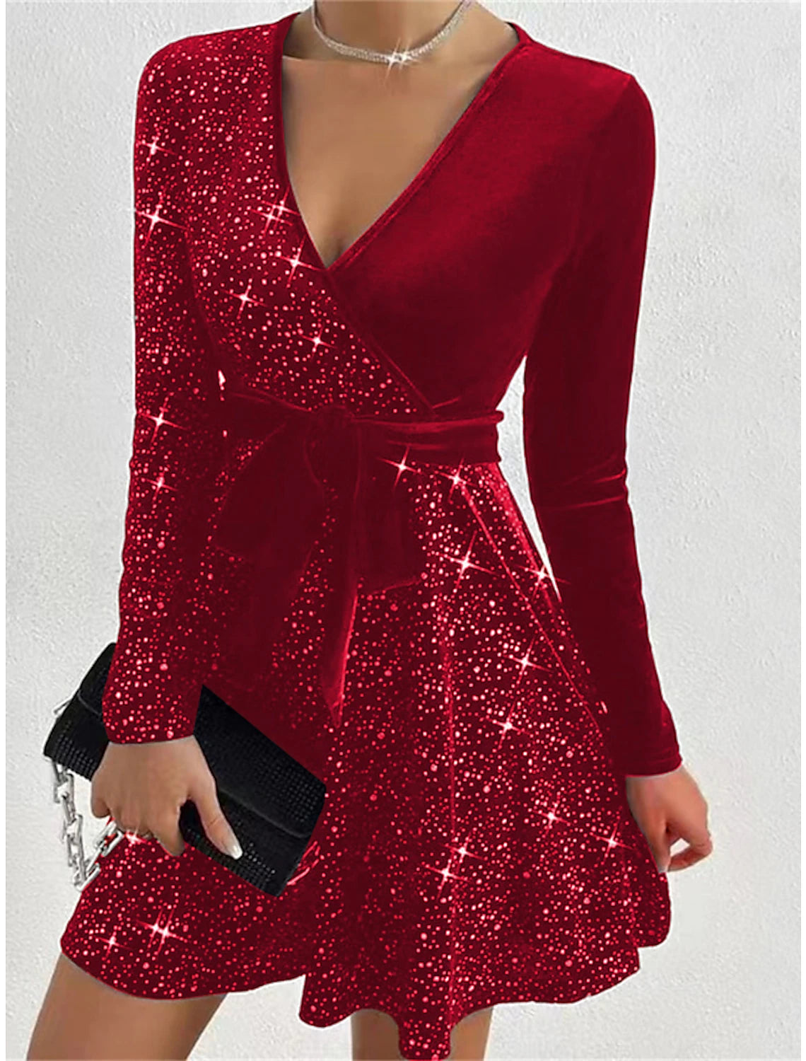 Wholesale Women‘s Black Dress Velvet Dress Sequin Dress A-Line Mini Dress Black Red Royal Blue Long Sleeve Plain Christmas Fall Winter Autumn V Neck Fashion Winter Dress Fall Dress Slim Black Cocktail Dress