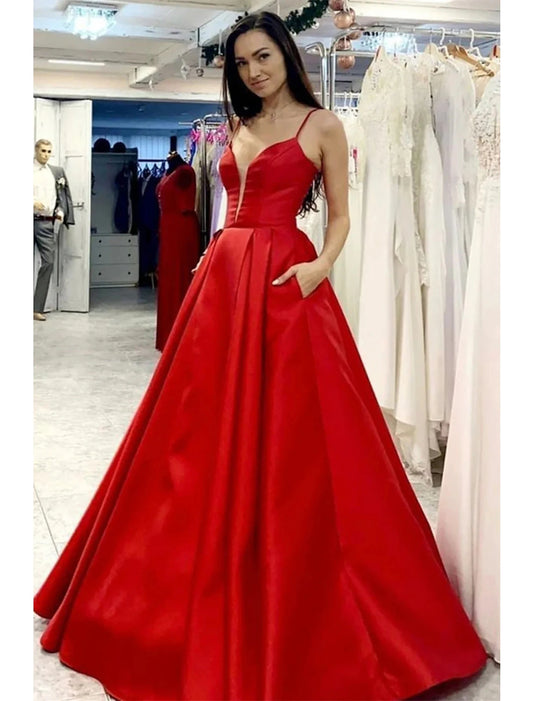 Wholesale  A-Line Prom Dresses Minimalist Dress Formal Wedding Party Floor Length Sleeveless V Neck Pocket Satin with Pleats