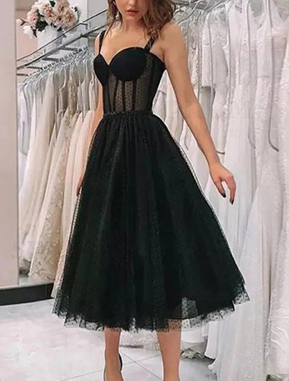 Wholesale A-Line Prom Black Dress Vintage Dress Homecoming Cocktail Party Knee Length Sleeveless Sweetheart Wednesday Addams Family Tulle with Pleats