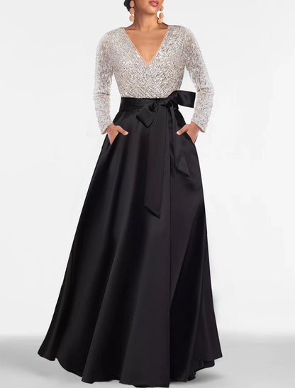 Wholesale A-Line Evening Gown Elegant Dress Formal Floor Length Long Sleeve V Neck Fall Wedding Guest Satin with Sequin Pocket