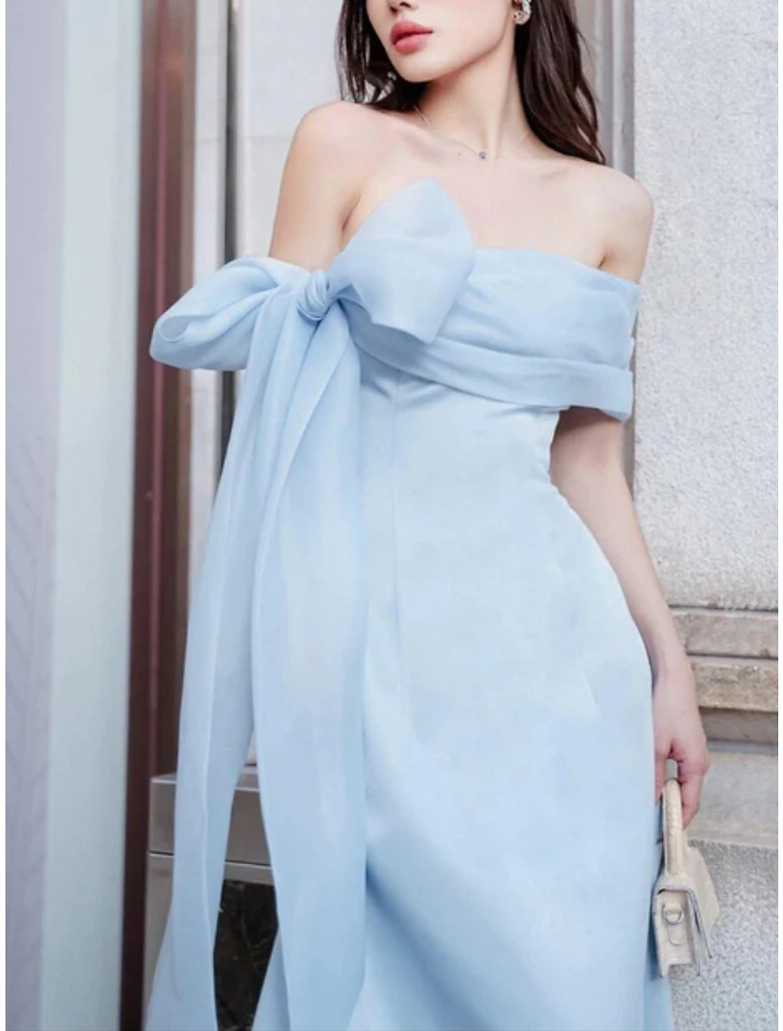 Wholesale A-Line Evening Gown Elegant Dress Formal Ankle Length Short Sleeve Off Shoulder Imitation Silk with Bow(s) Pleats