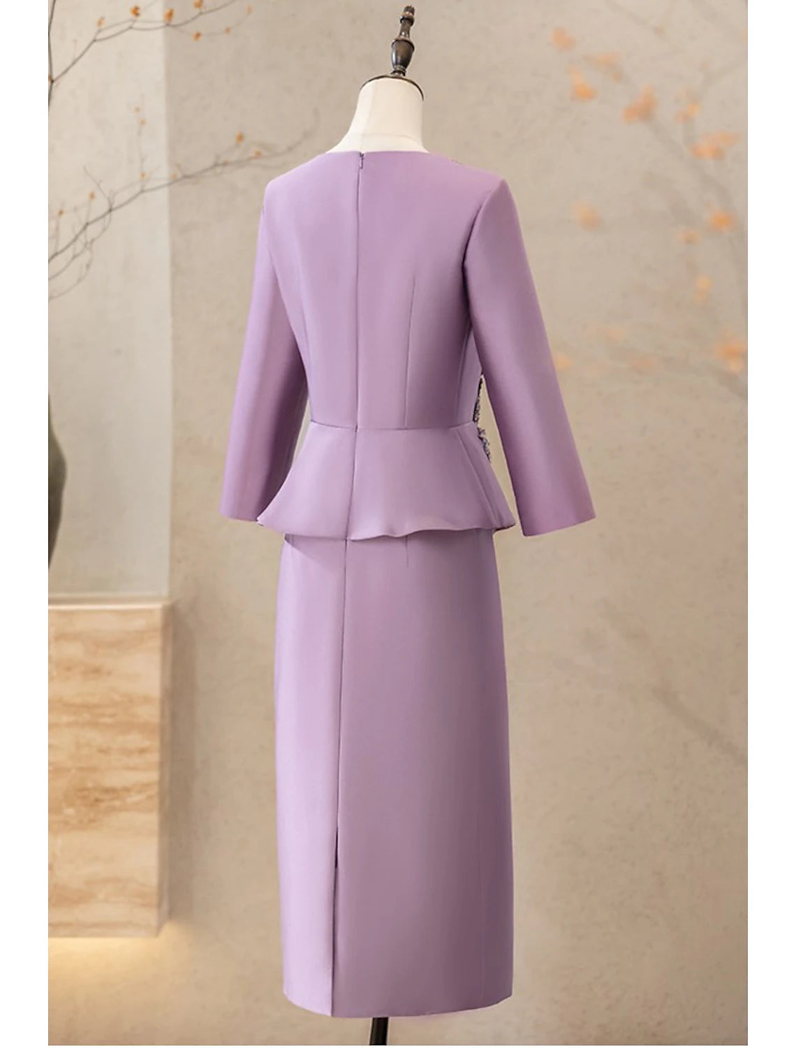 Wholesale Two Piece Cocktail Dresses Elegant Dress Wedding Party Tea Length Long Sleeve V Neck Satin with Appliques