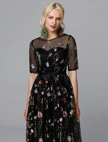 Wholesale A-Line Floral Dress Holiday Wedding Guest Tea Length Half Sleeve Illusion Neck Lace with Embroidery Appliques