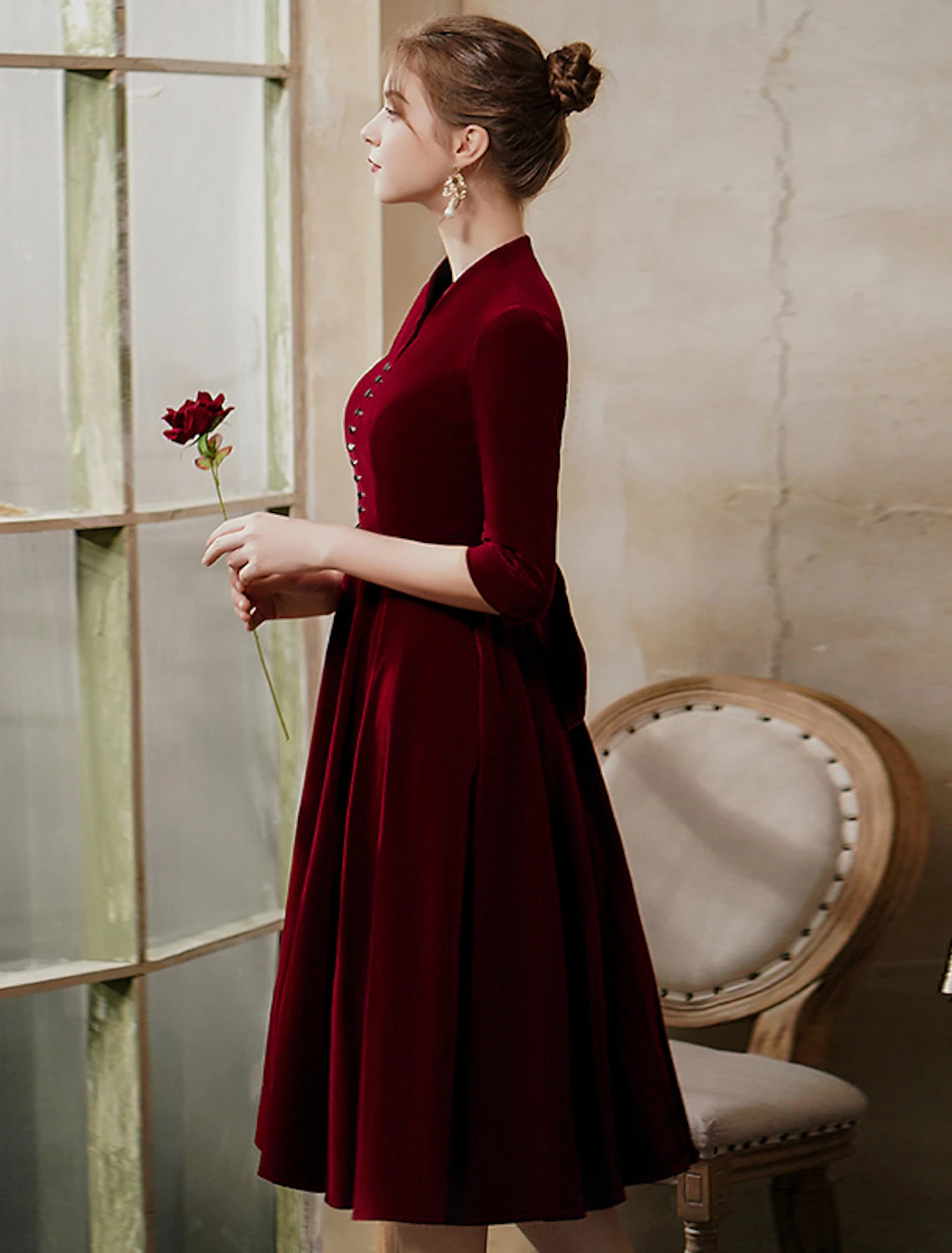 Wholesale A-Line Minimalist Vintage Party Wear Cocktail Party Dress V Neck Half Sleeve Tea Length Velvet with Sleek