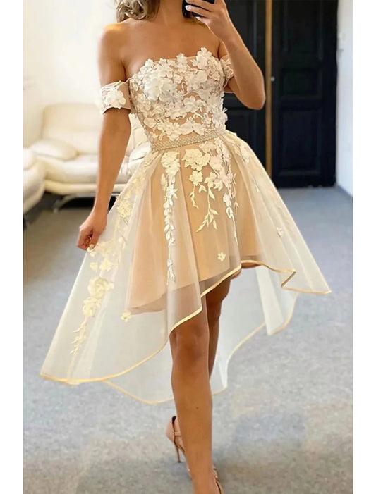 Wholesale A-Line Cocktail Dresses Color Block Dress Homecoming Birthday Asymmetrical Sleeveless Off Shoulder Organza with Pleats Appliques