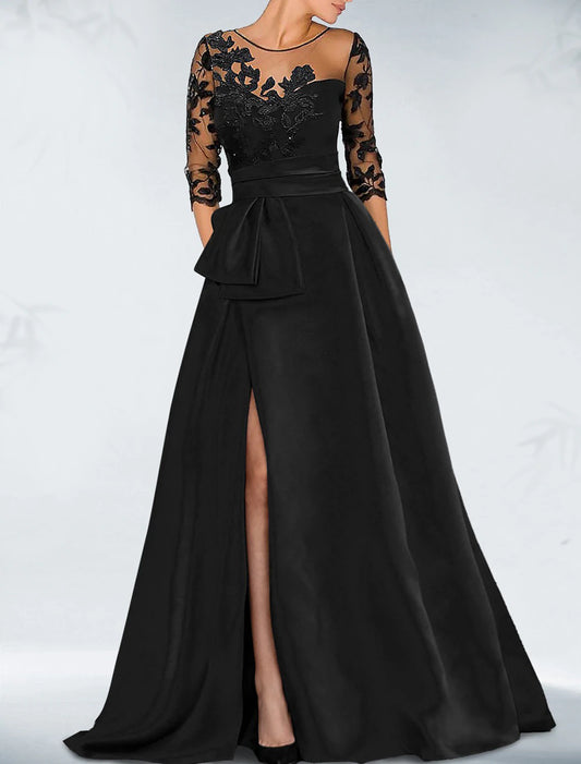 Wholesale A-Line Evening Gown Black Dress Dress Wedding Guest Fall Court Train 3/4 Length Sleeve Jewel Neck Satin with Beading Slit Appliques