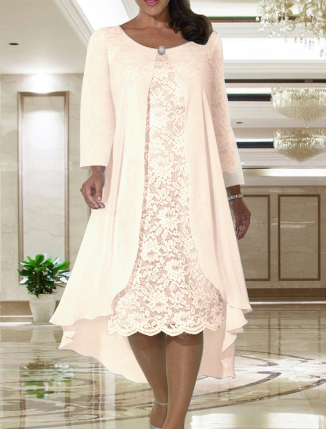 Wholesale Two Piece A-Line Mother of the Bride Dress Fall Wedding Guest Dresses Plus Size Elegant Jewel Neck Tea Length Chiffon Lace Short Sleeve Jacket Dresses with Solid Color