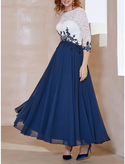 Wholesale A-Line Mother of the Bride Dress Wedding Guest Elegant Scoop Neck Ankle Length Chiffon 3/4 Length Sleeve with Lace Ruching