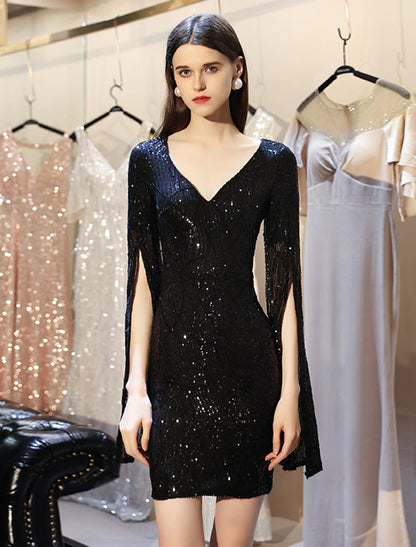 Wholesale Sheath / Column Sparkle Elegant Homecoming Cocktail Party Dress V Neck Long Sleeve Short / Mini Sequined with Sequin