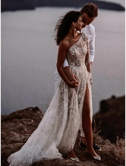 Wholesale  Beach Sexy Boho Wedding Dresses A-Line One Shoulder Long Sleeve Sweep / Brush Train Lace Bridal Gowns With Split Front