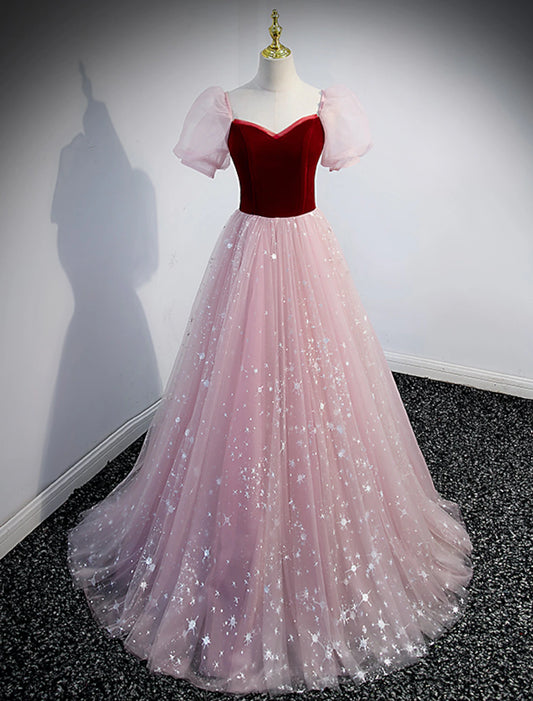 Wholesale  A-Line Prom Dresses Princess Dress Prom Valentine's Day Floor Length Short Sleeve Sweetheart Tulle with Sequin