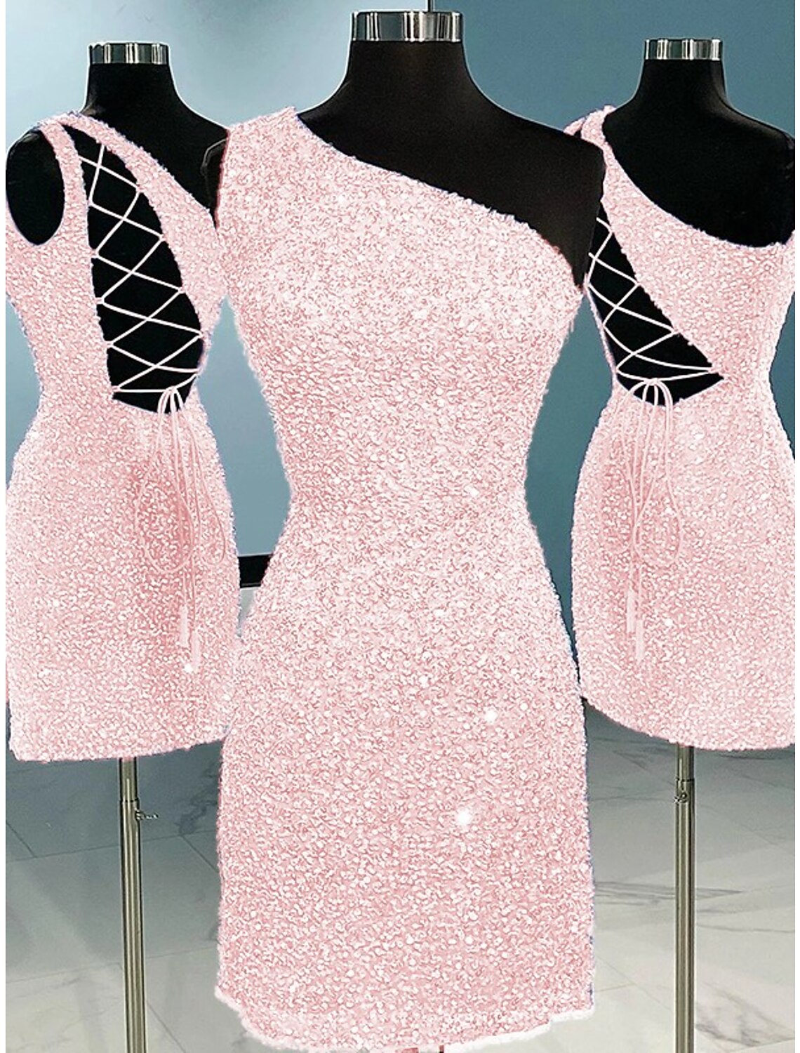 Wholesale A-Line Sheath / Column Homecoming Dresses Sparkle & Shine Dress Holiday Graduation Short / Mini Sleeveless One Shoulder Sequined with Glitter Strappy