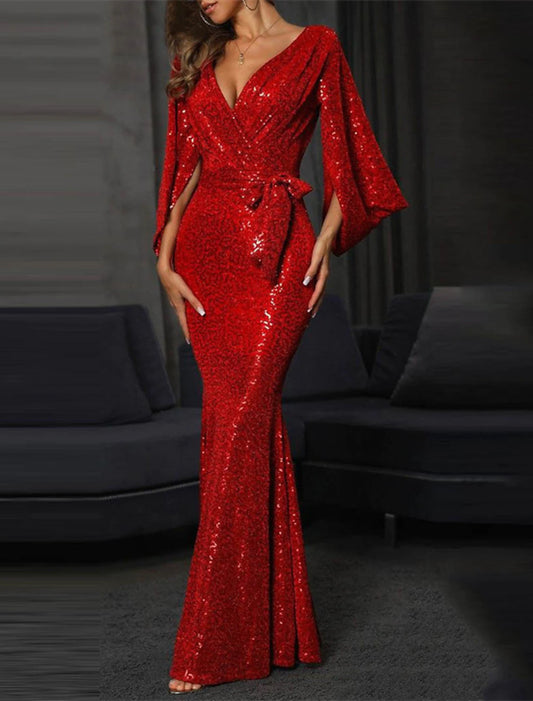 Wholesale Women's Cocktail Party Dress New Year's Eve Dress Homecoming Dress Wedding Guest Dress Sequin Dress Long Dress Maxi Dress Red Long Sleeve Lace up