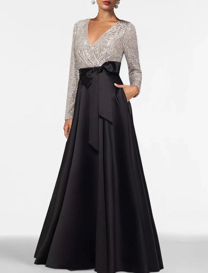 Wholesale A-Line Evening Gown Elegant Dress Formal Floor Length Long Sleeve V Neck Fall Wedding Guest Satin with Sequin Pocket