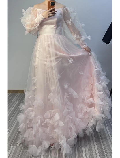 Wholesale A-Line Prom Dresses Maxi Dress Wedding Guest Sweet 16 Floor Length Long Sleeve Scoop Neck Tulle with Appliques Butterfly