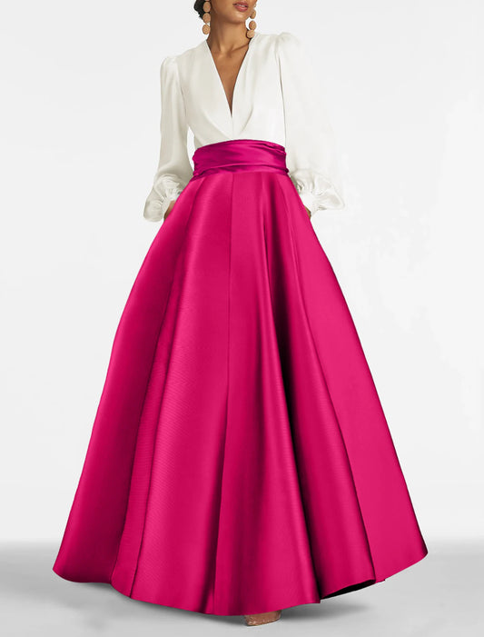 Wholesale A-Line Evening Gown Elegant Wedding Guest Dress Formal Prom Floor Length Long Sleeve V Neck Satin with Ruched